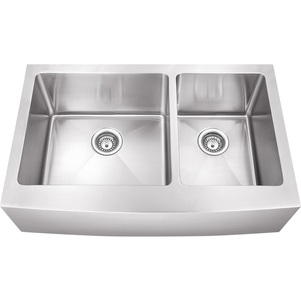 Hardware Resources 35-7/8" Lx20-3/4" Wx10" D Farmhouse/Apron Front 16 Gauge Stainless Steel 60/40 Double Bowl Sink HA225 - main